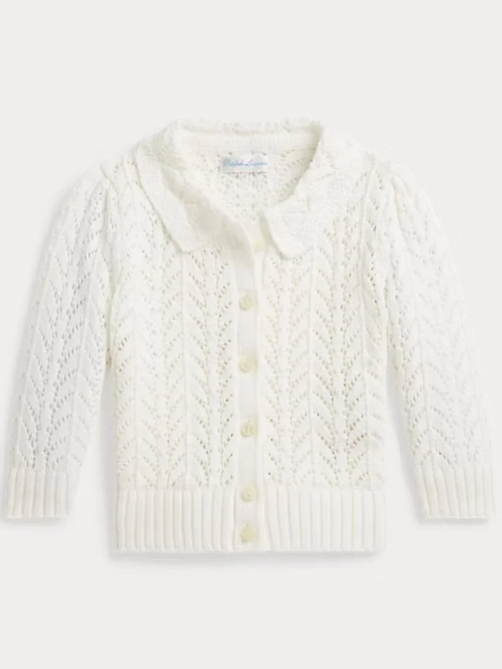 Elegant Ralph Lauren Pointelle-Knit 100% Cotton Collared Cardigan with Gift Box!
